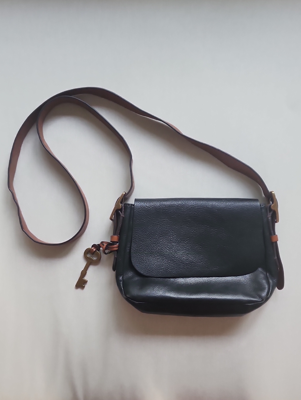 Fossil Black Leather Crossbody with Brown Strap and Key Charm